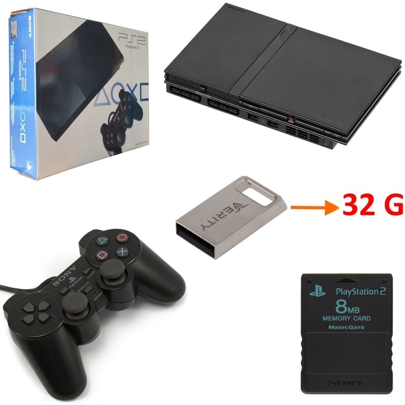 کنسول پلی استیشن 2 اسلیم فلش خور سری آداپتور دار با فلش 32G (فول بازی